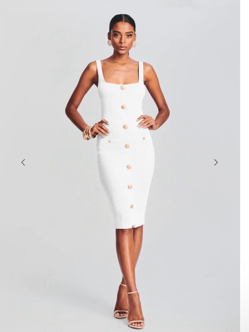White Square-Neck Button-Front Midi Dress